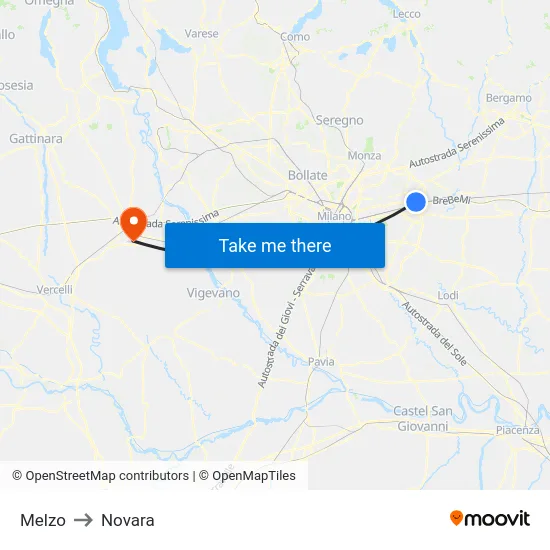 Melzo to Novara map