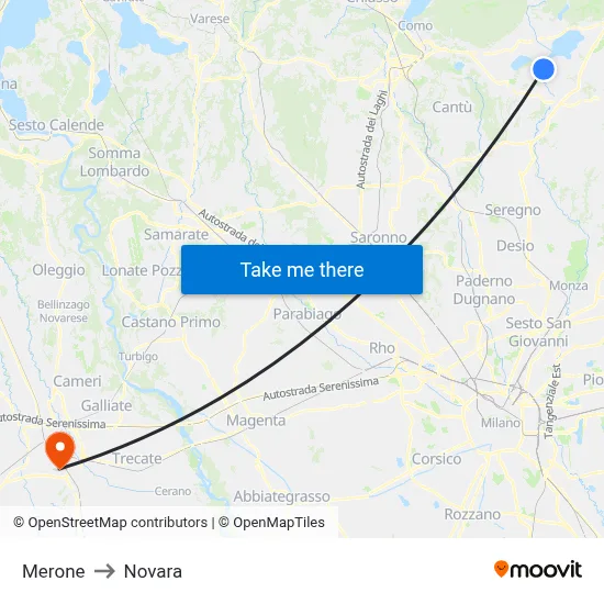 Merone to Novara map
