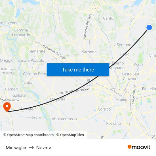 Missaglia to Novara map