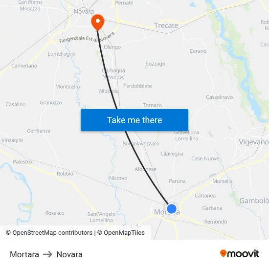 Mortara to Novara map