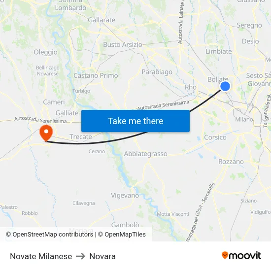Novate Milanese to Novara map