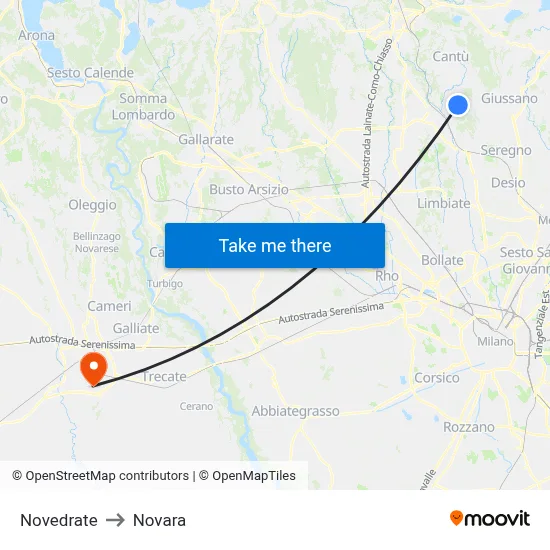 Novedrate to Novara map