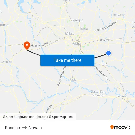 Pandino to Novara map