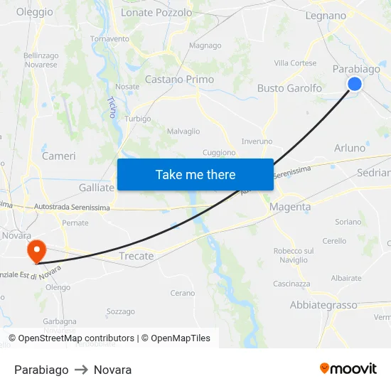 Parabiago to Novara map