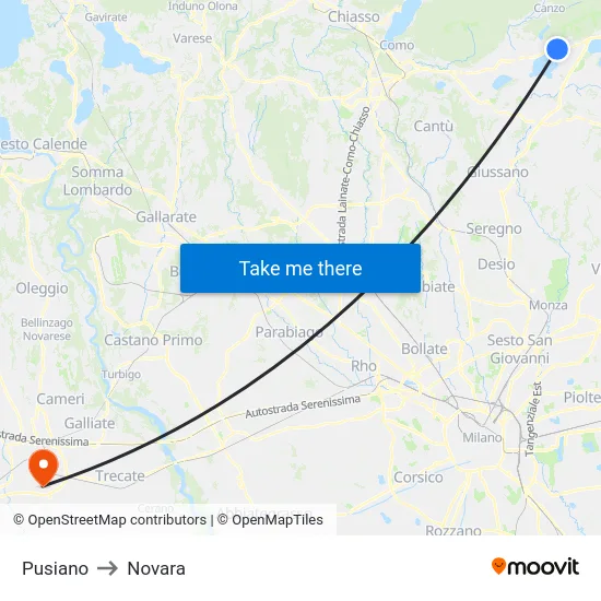 Pusiano to Novara map