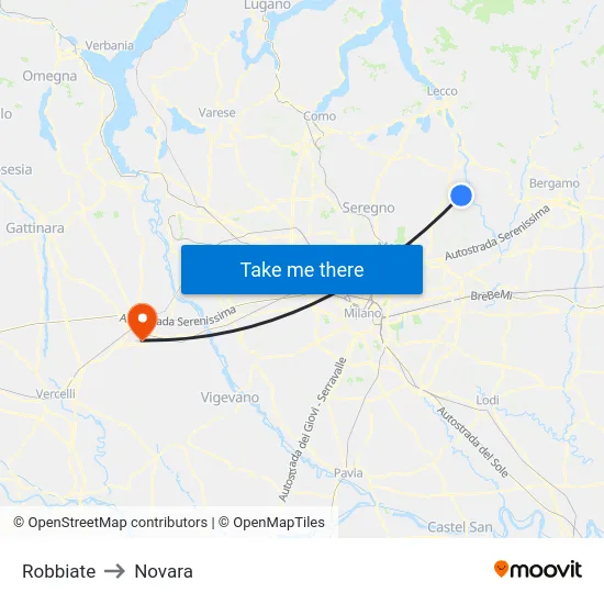 Robbiate to Novara map