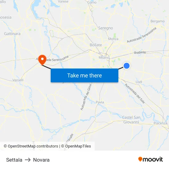 Settala to Novara map