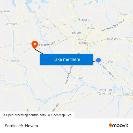 Sordio to Novara map