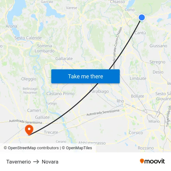 Tavernerio to Novara map