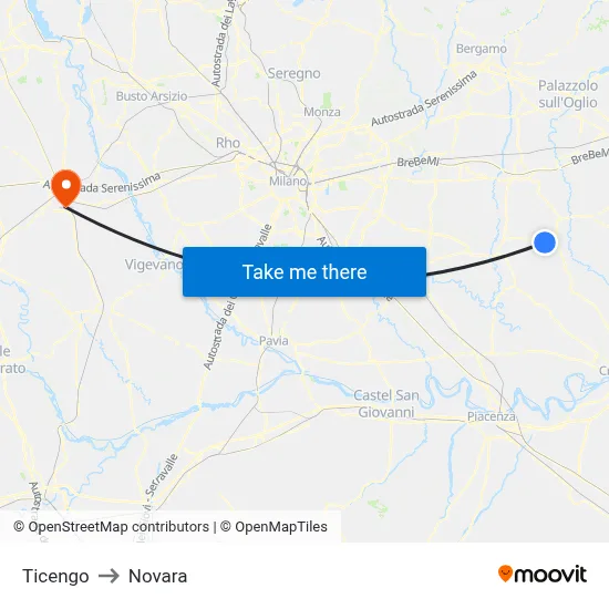 Ticengo to Novara map