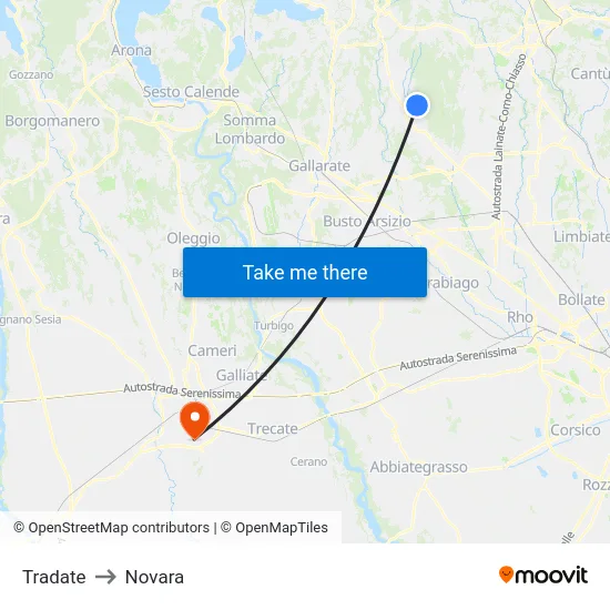 Tradate to Novara map