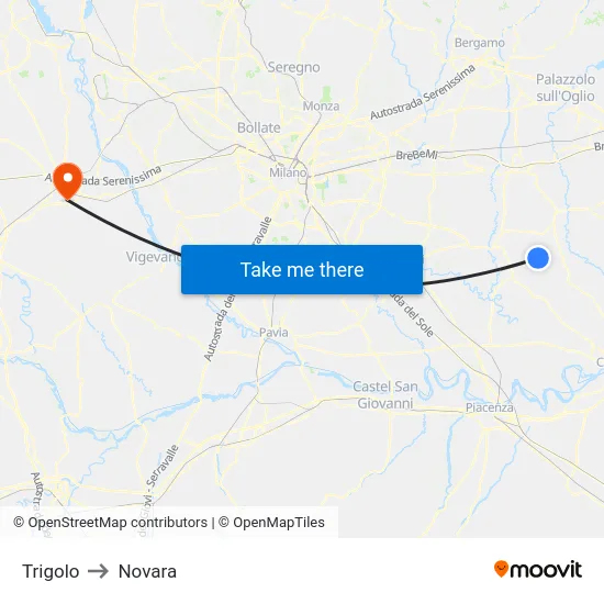 Trigolo to Novara map