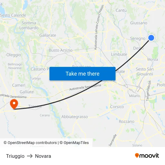 Triuggio to Novara map