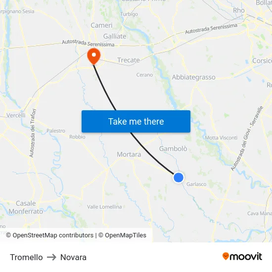 Tromello to Novara map