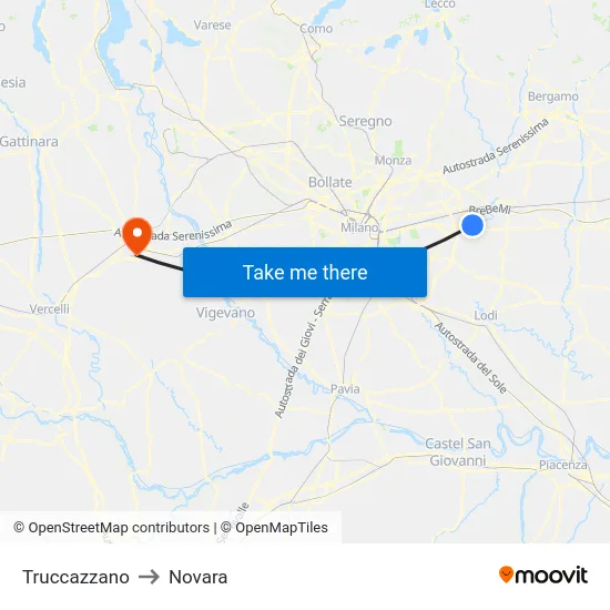 Truccazzano to Novara map