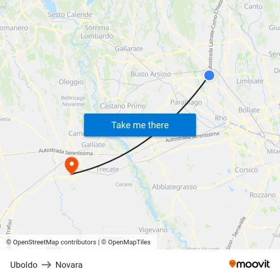Uboldo to Novara map