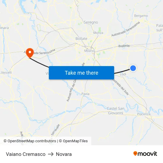 Vaiano Cremasco to Novara map