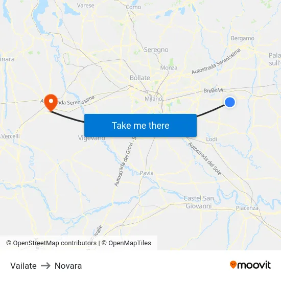 Vailate to Novara map