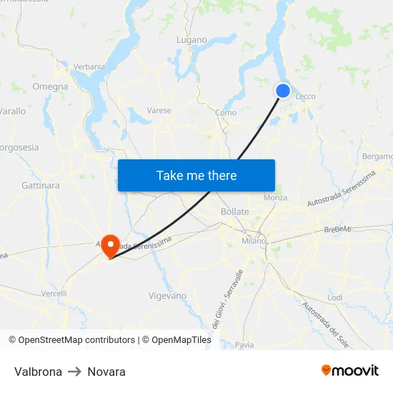 Valbrona to Novara map