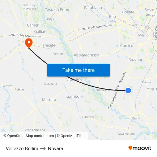 Vellezzo Bellini to Novara map