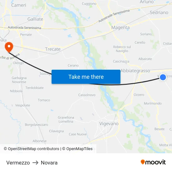 Vermezzo to Novara map