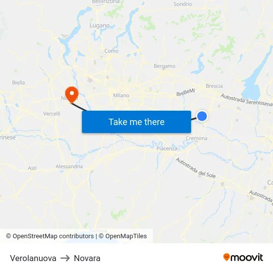 Verolanuova to Novara map