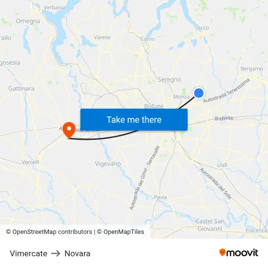 Vimercate to Novara map