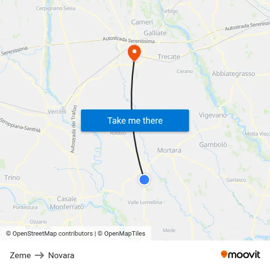 Zeme to Novara map
