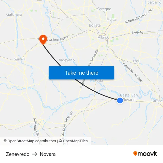 Zenevredo to Novara map