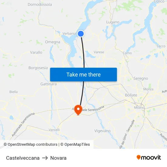 Castelveccana to Novara map