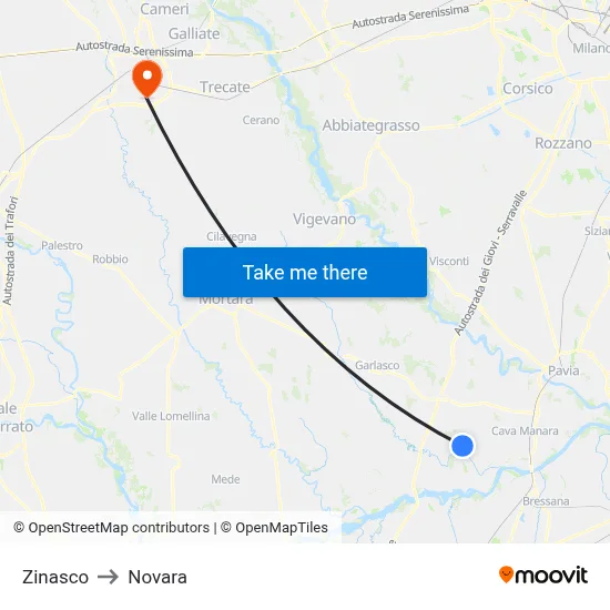 Zinasco to Novara map