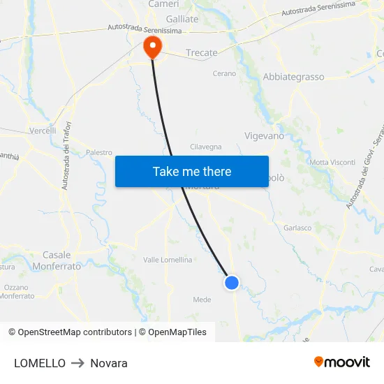 Lomello to Novara map