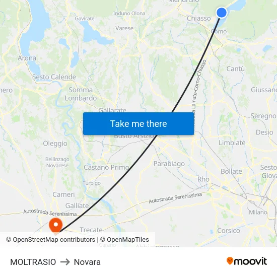 Moltrasio to Novara map