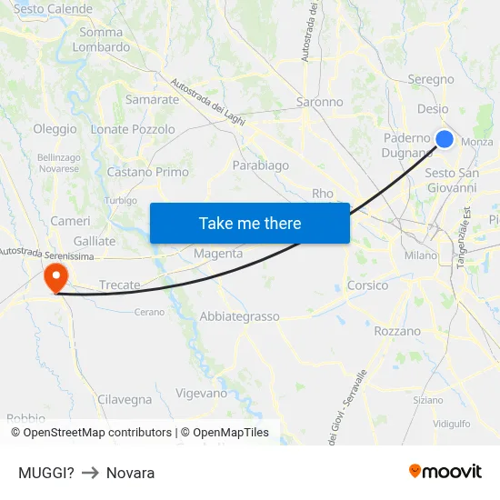 Muggiò to Novara map