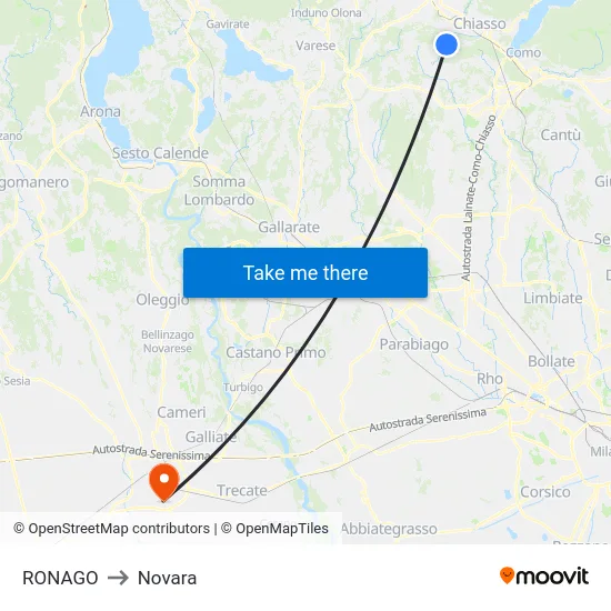 Ronago to Novara map