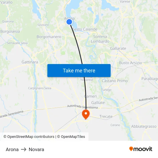 Arona to Novara map