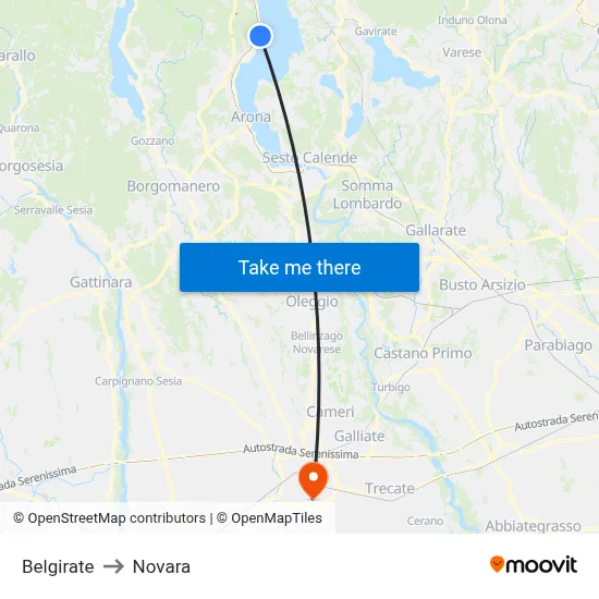 Belgirate to Novara map