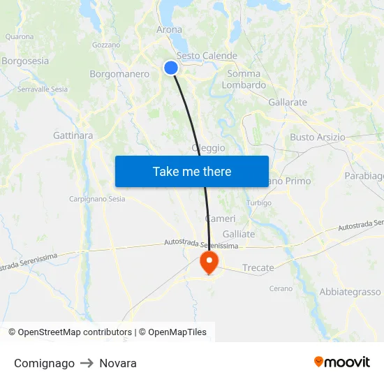 Comignago to Novara map