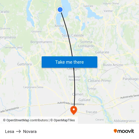 Lesa to Novara map