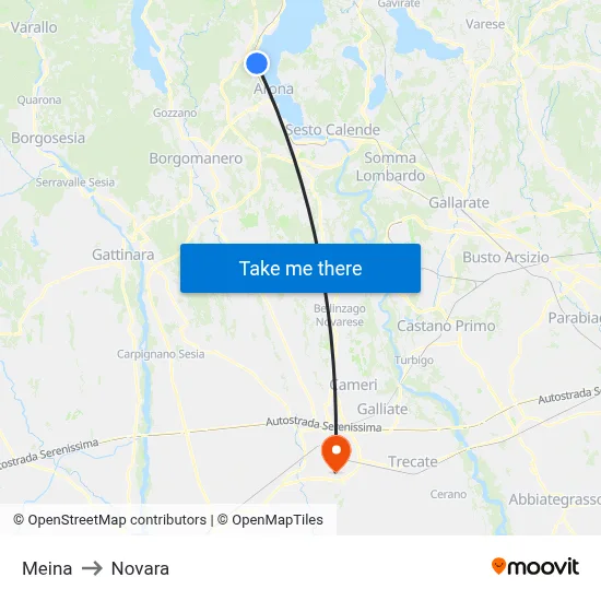 Meina to Novara map