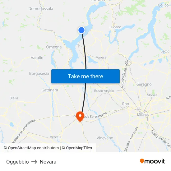 Oggebbio to Novara map