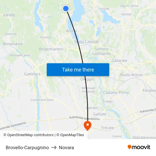 Brovello-Carpugnino to Novara map