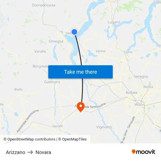 Arizzano to Novara map