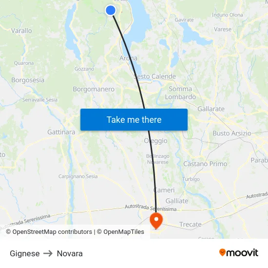 Gignese to Novara map
