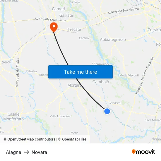Alagna to Novara map