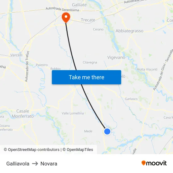 Galliavola to Novara map