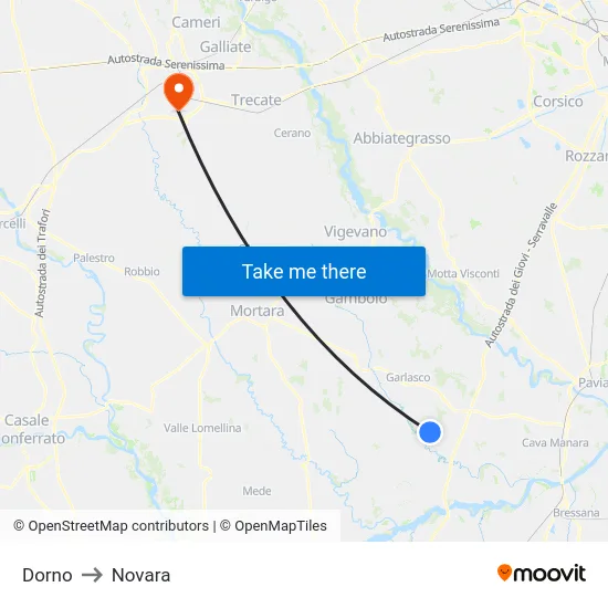 Dorno to Novara map