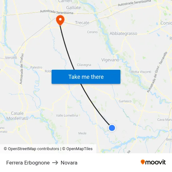 Ferrera Erbognone to Novara map