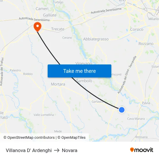 Villanova d'Ardenghi to Novara map