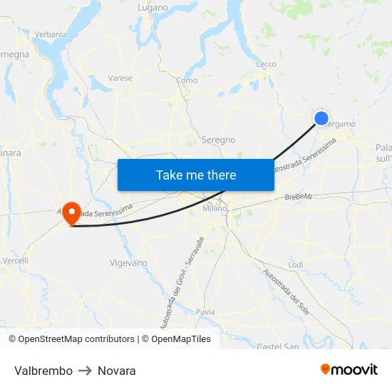 Valbrembo to Novara map